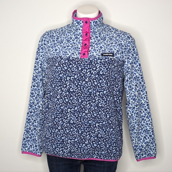 Lands' End Blue White Leopard Cheetah Animal Print 1/4 Zip Fleece Pullover M - Picture 1 of 8